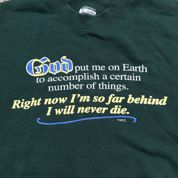 Vintage Jesus Sweatshirt Mens XL Green 1990s God Put Me On Earth Funny Sweater - Picture 2 of 6
